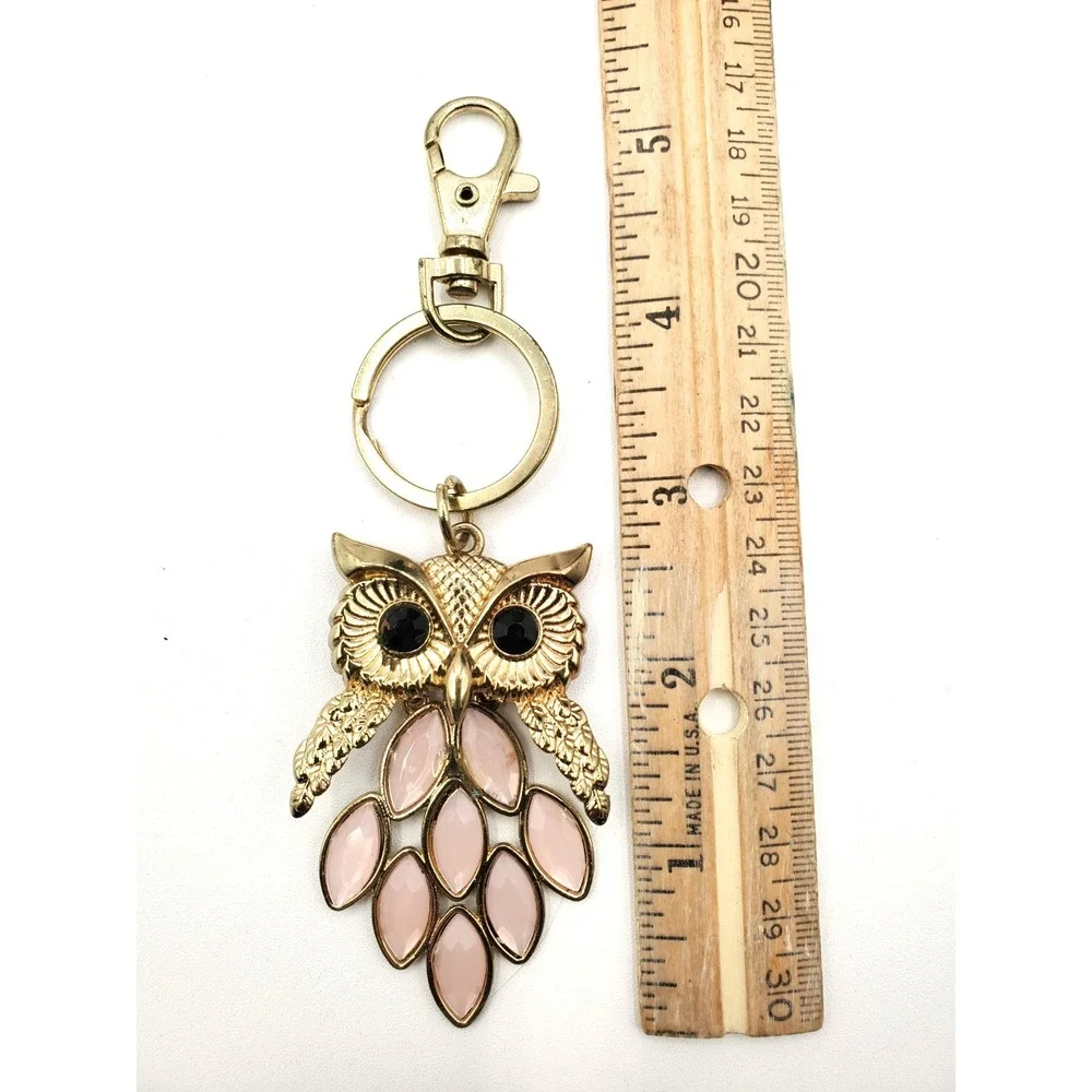 Gold Tone Owl Key Chain w Pink Rhinestone Feathers